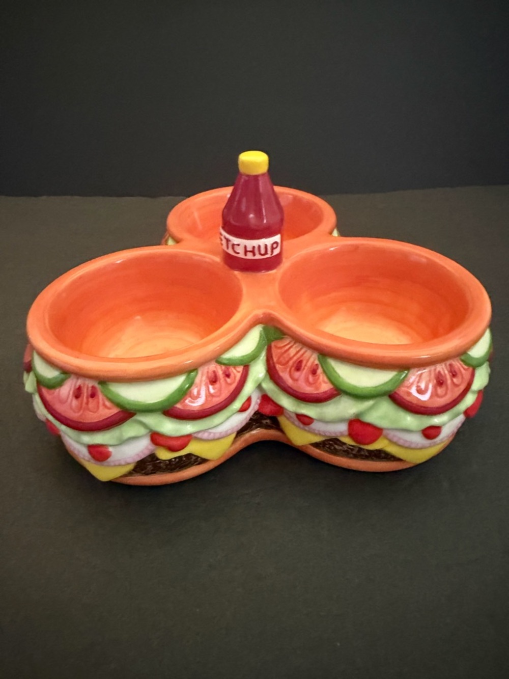 Ceramic Triple Dip Server Dish Cheeseburger with Ketchup Bottle